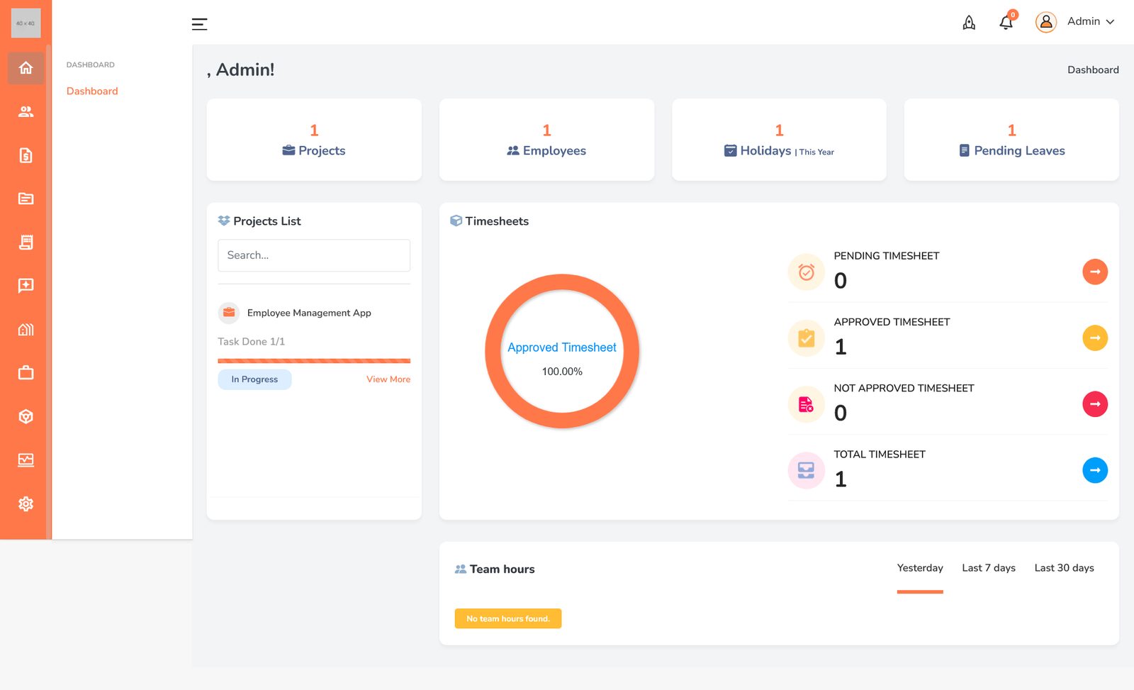 ShiftworkQ dashboard: projects, employees, holidays, pending leaves, timesheet approval and team hours