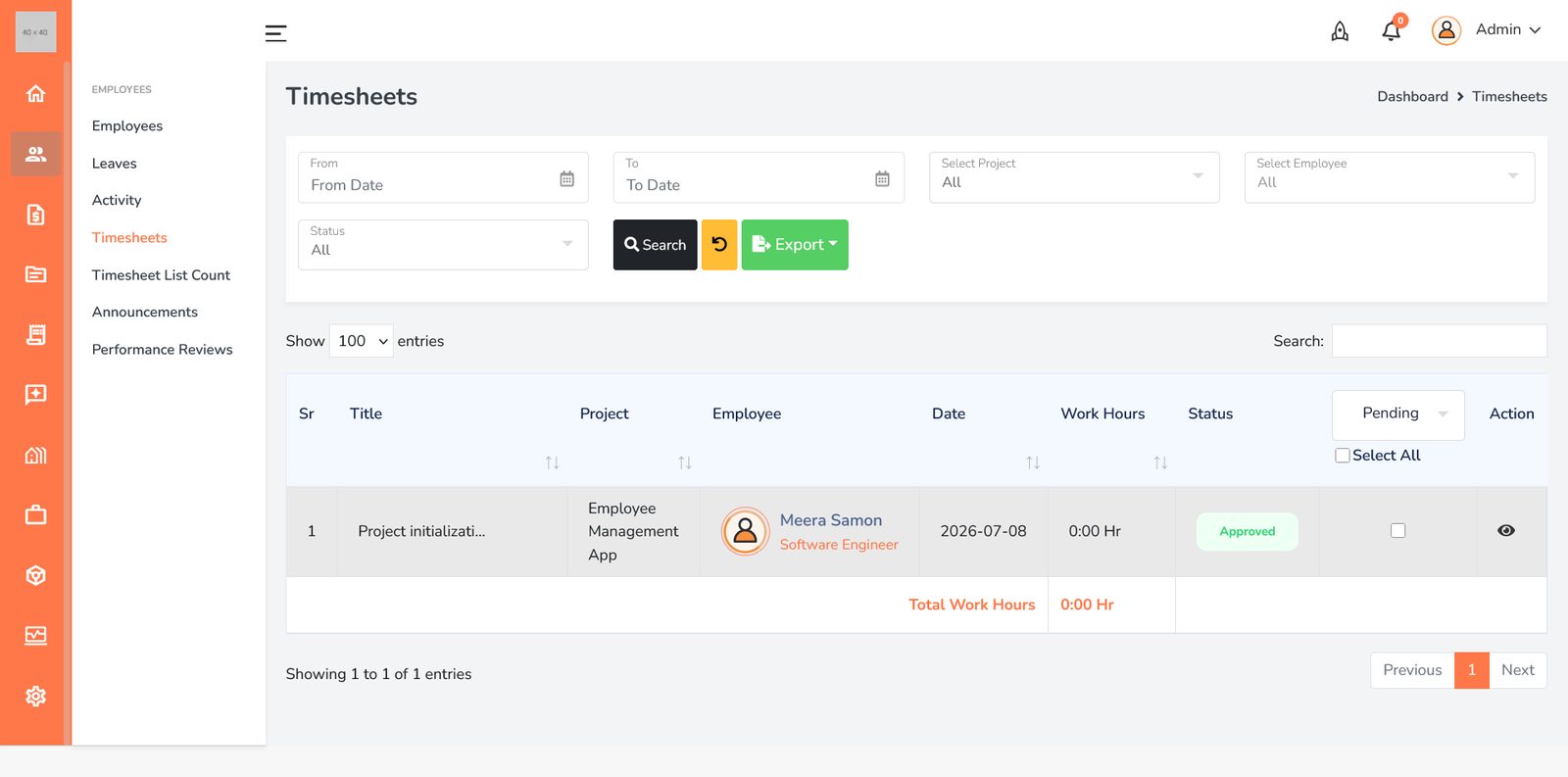 ShiftworkQ timesheets with approval status, project and work hours